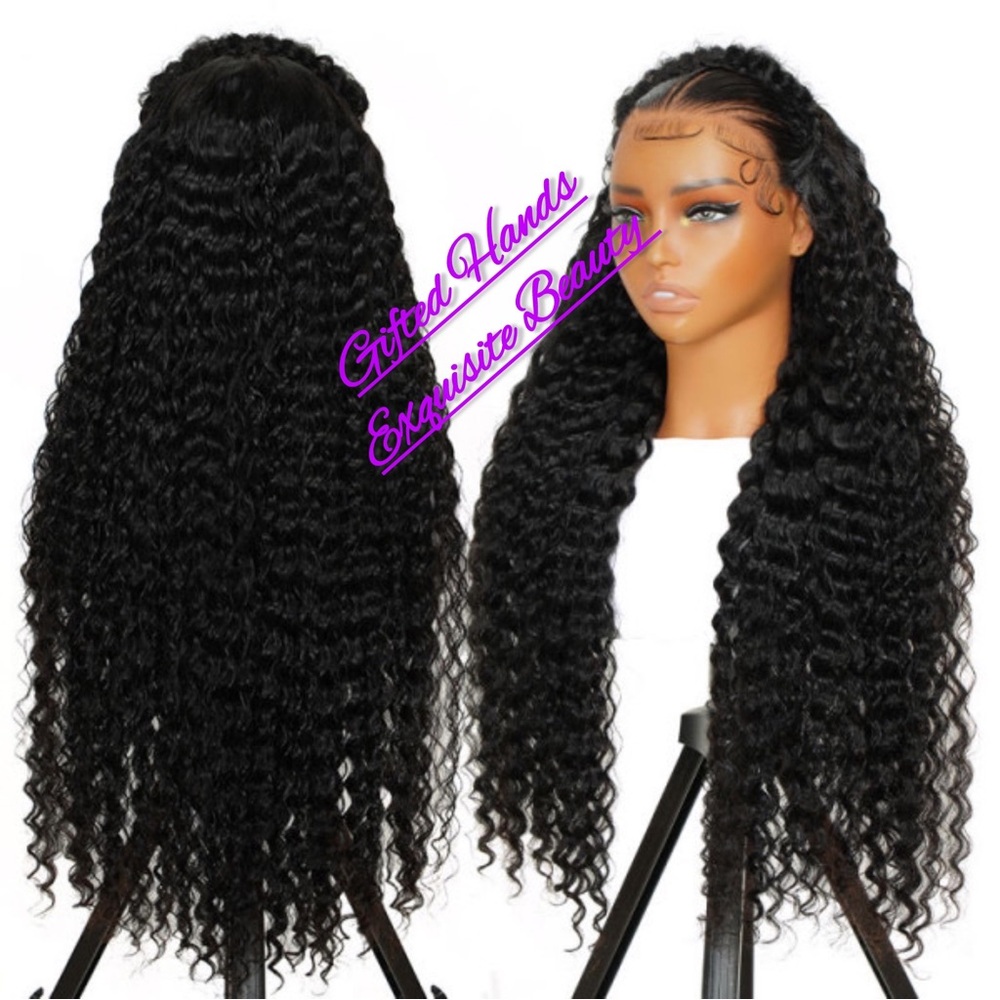 24 inches 💯 human hair 13*4 lace wig. Styled with braids. 12A